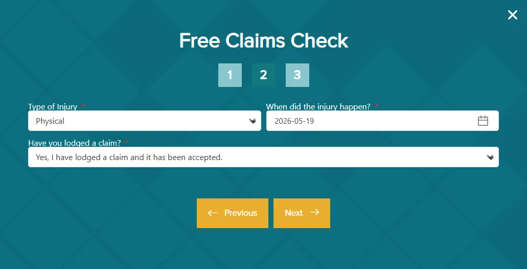 Three-step Free Claims Check modal asking type of injury, date and lodgement status