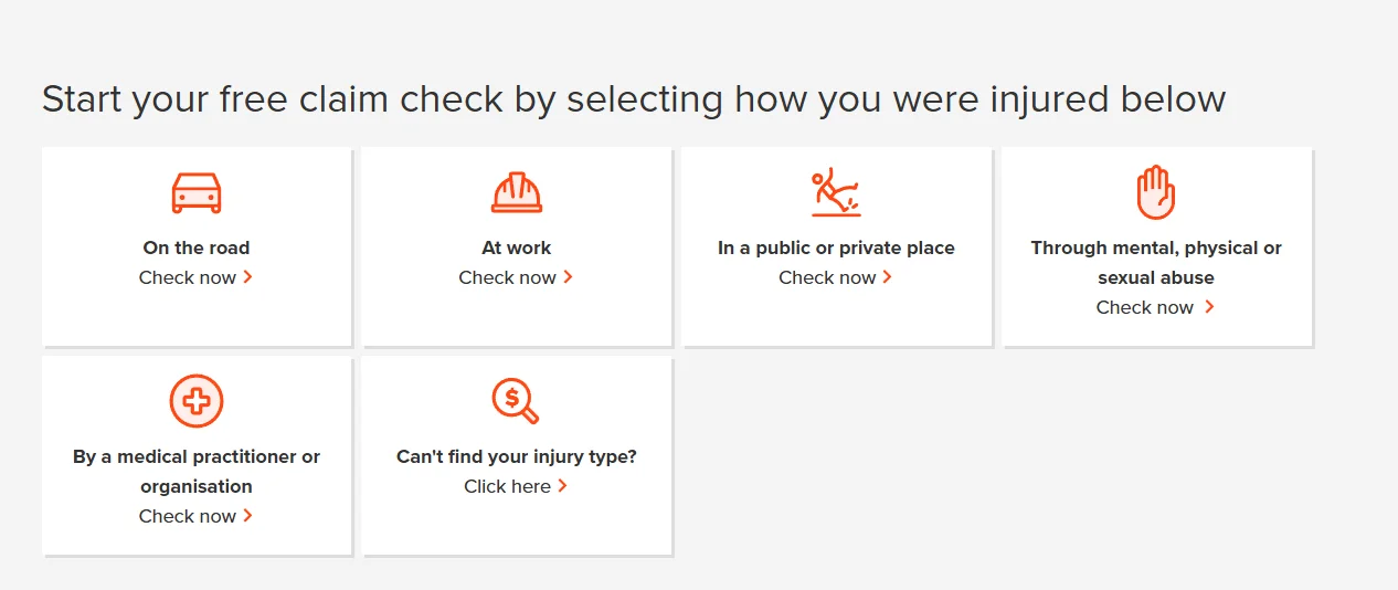 Personal injury claim type selector with six injury categories