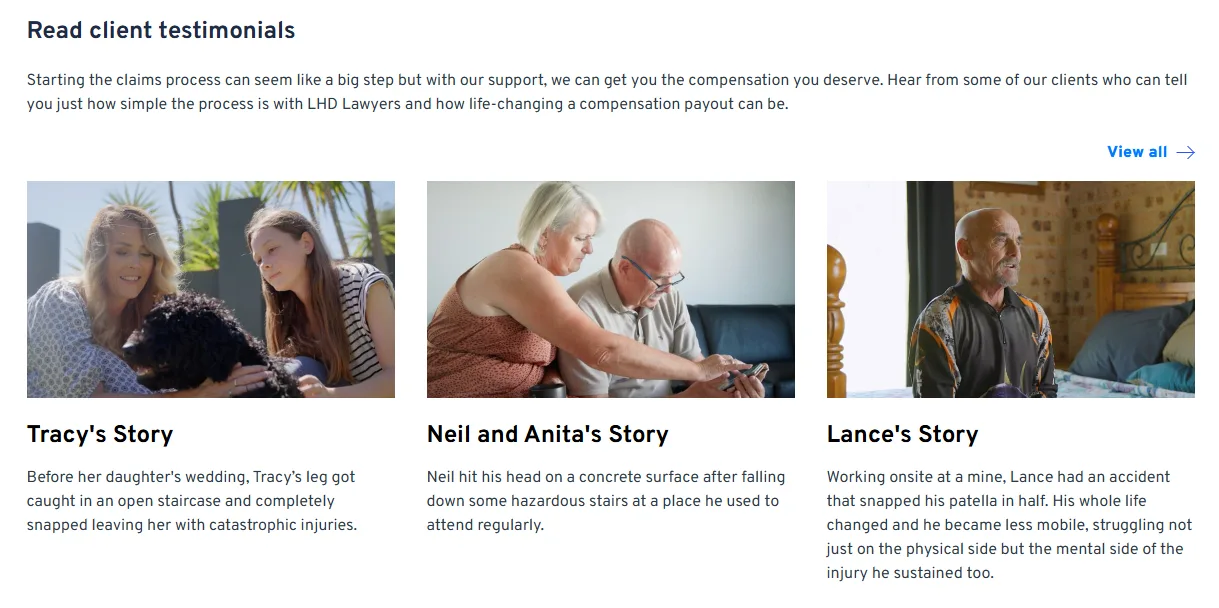 Example of client video testimonials with thumbnails of real clients and short story captions